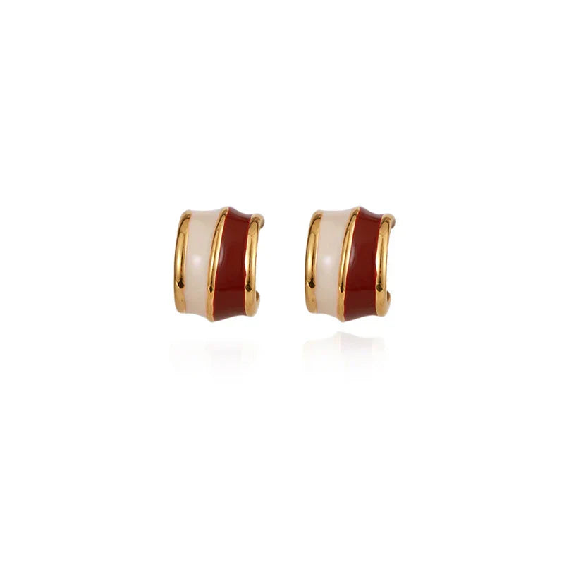 "2024 Vintage Style Wine Red Contrasting Half Circle Enamel Earrings"